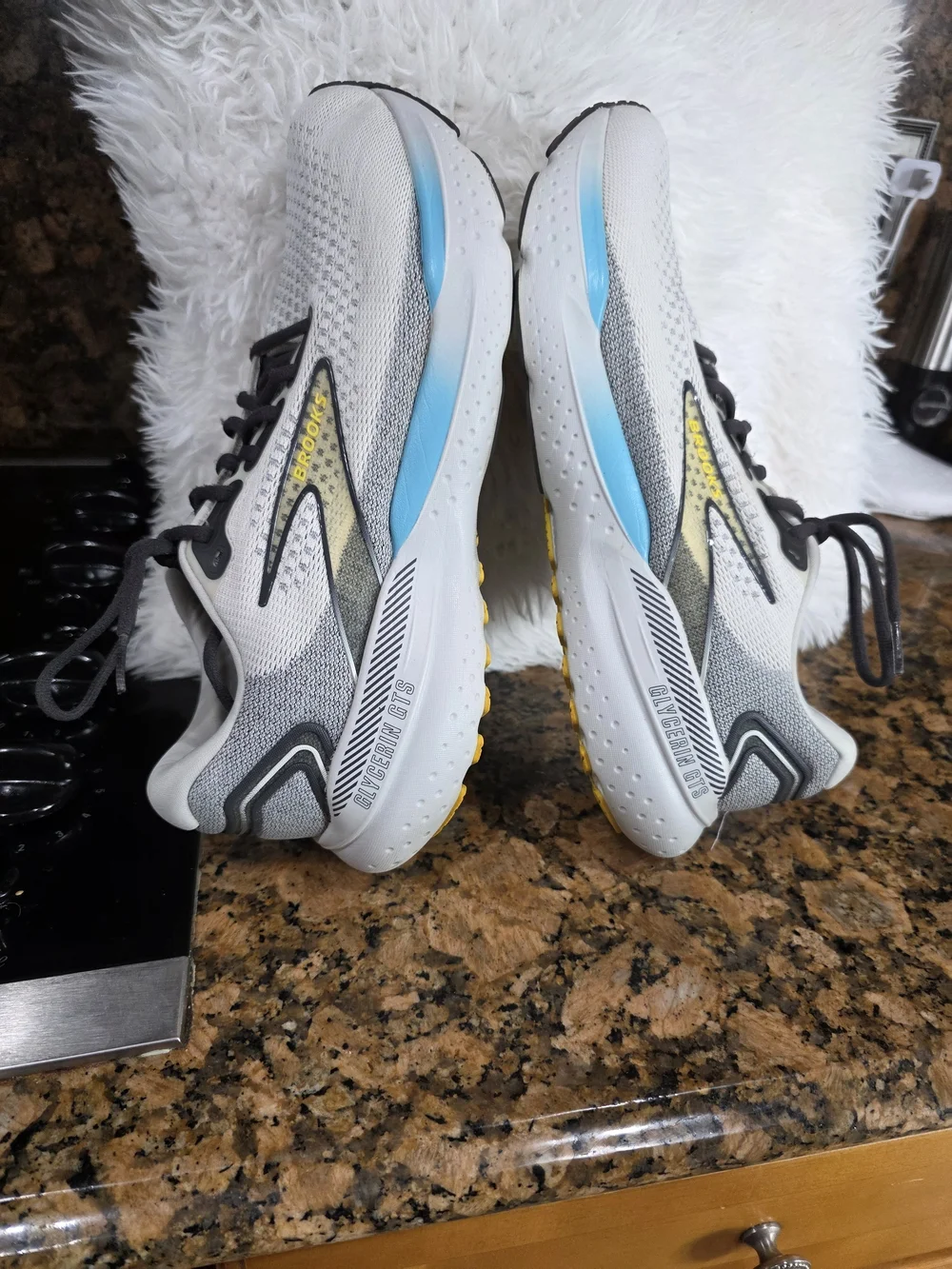 Brooks White & Gray Running Shoes with Blue & Yellow Accents